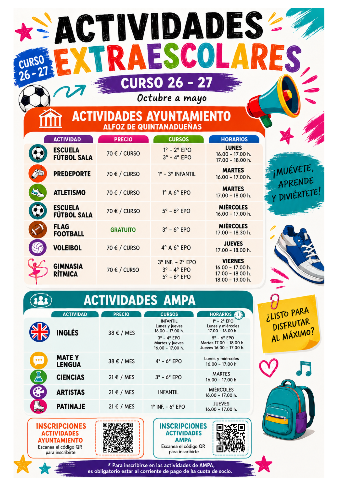 Actividades Extraescolares, Curso 2026 - 2027